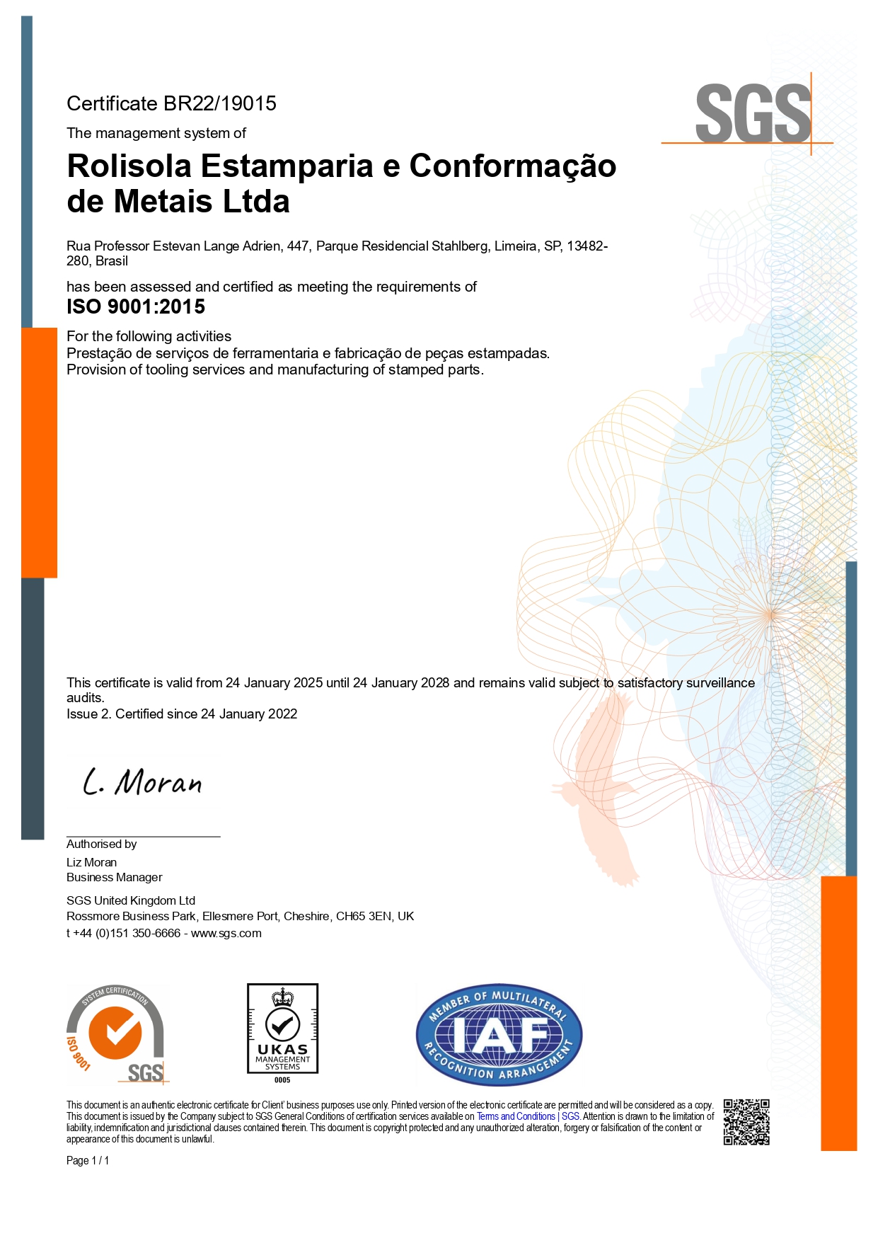 Certificado ISO 9001:2015 da Rolisola